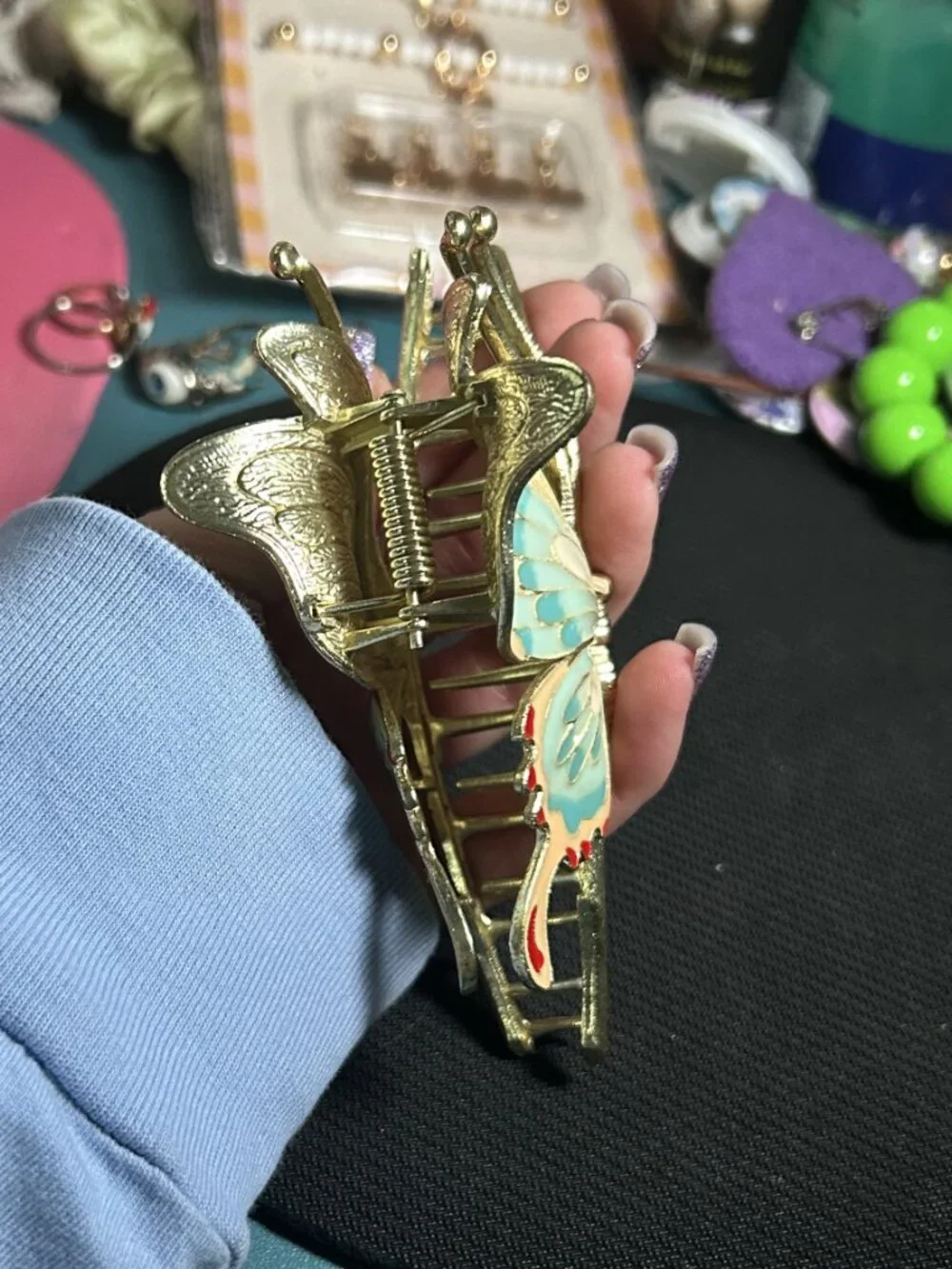 Gold Tone Enamel Butterfly on Branch Metal Hair Claw Clip